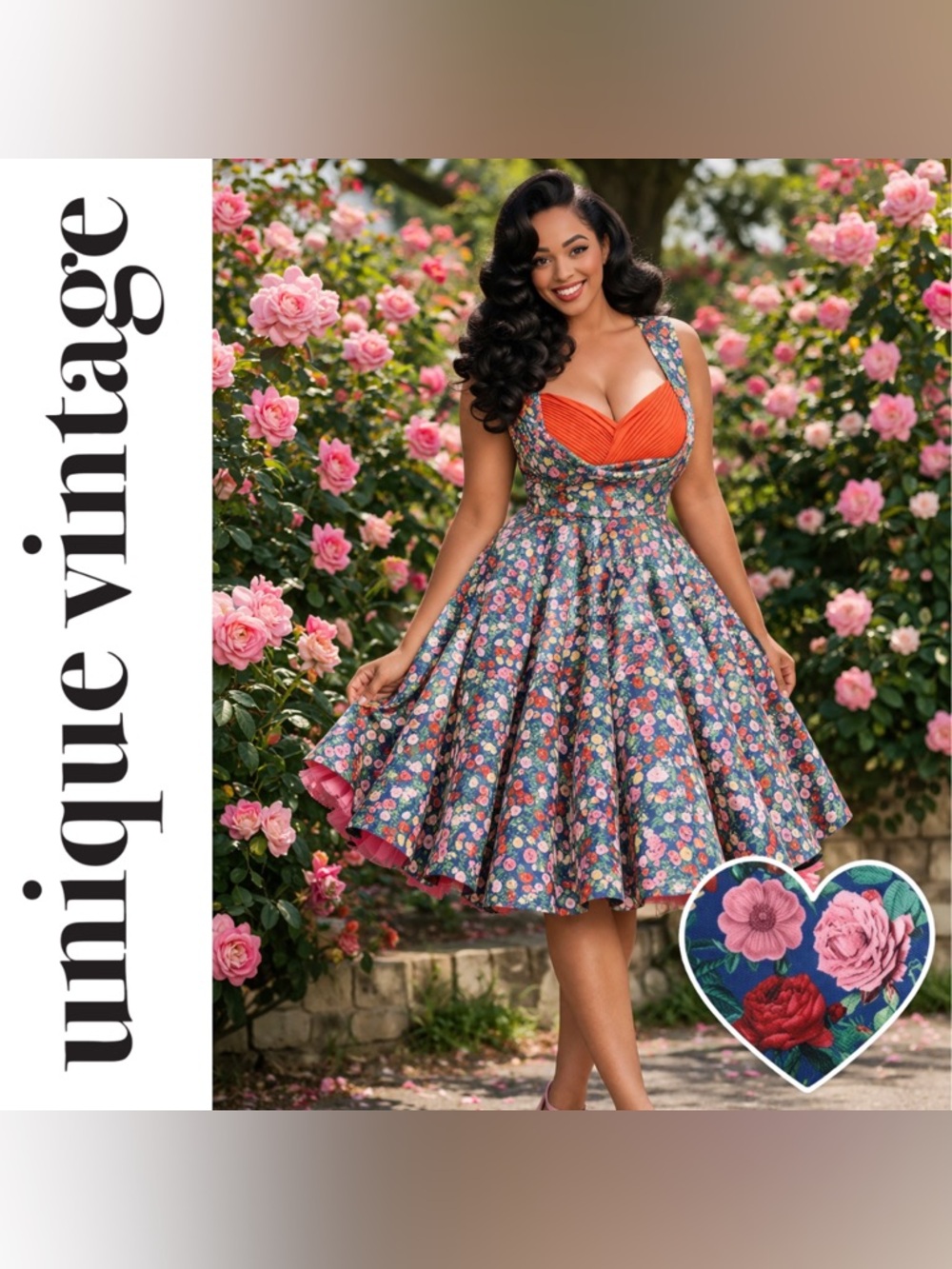 Unique Vintage 1950s Dolly & Dotty Navy & Pink Rose Grace Swing Dress, XL, NWT!